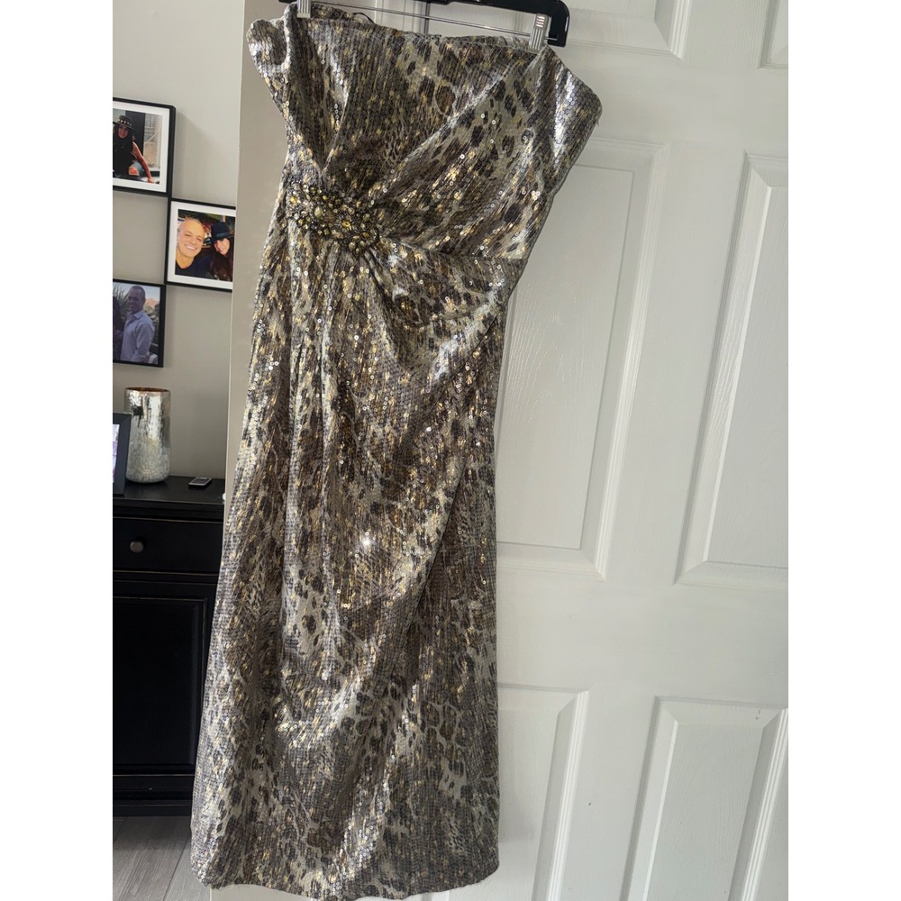 David Meister Metallic Leopard Sequin Strapless Gown Gold Silver 12 Formal Dress - Picture 3 of 8